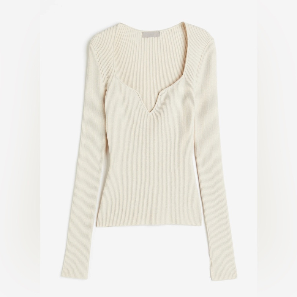 H&M cream Rib-knit Sweetheart-neckline Top NWOT XS long sleeve